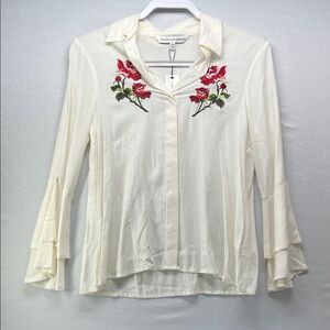 cupcakes & cashmere Ivory Blouse with Red Floral Embroidery